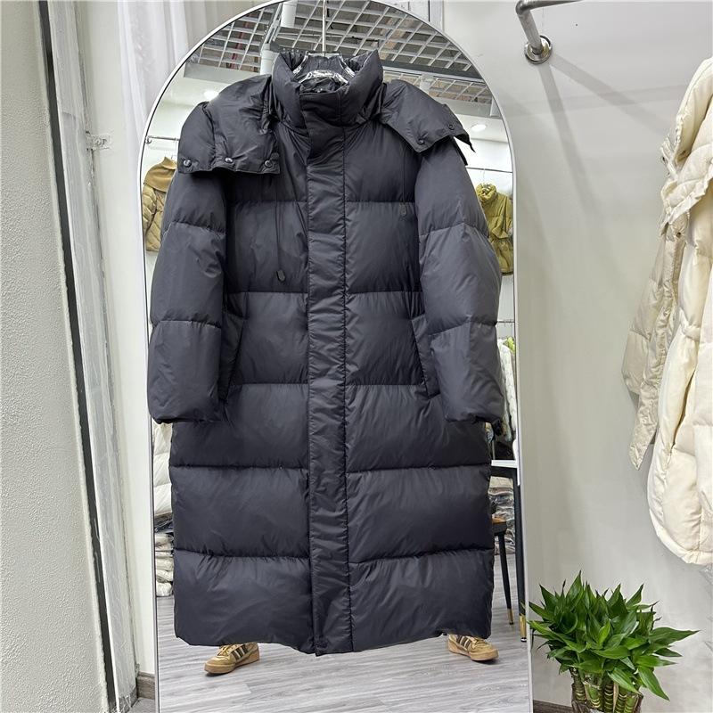 Длинный пуховик женский выше колена зимний новый модный свободный утолщенный белый утиный пух большой стеганый разрыв