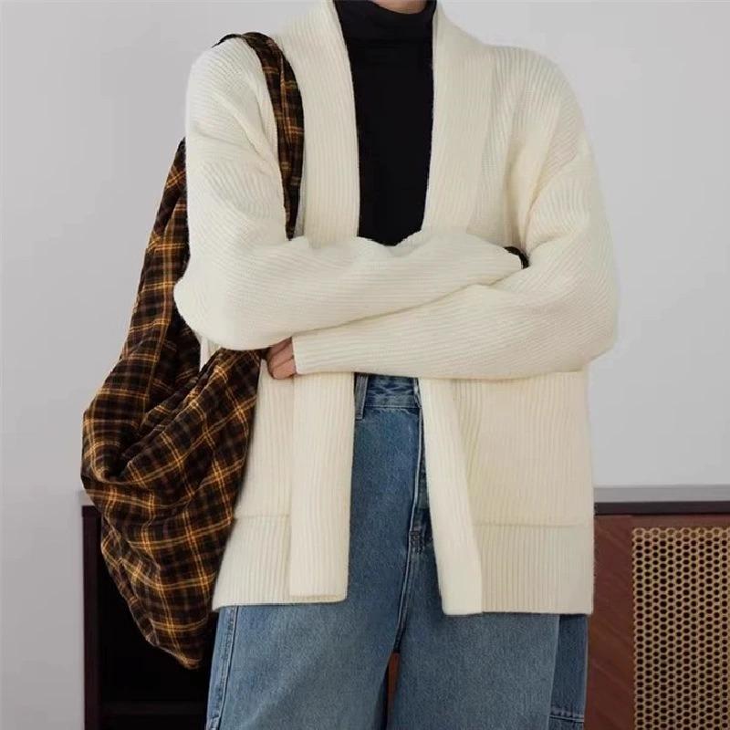 Retro Simple Casual V-neck Knitted Cardigan Women's Autumn and Winter New Versatile Loose Lazy Sweater Jacket
