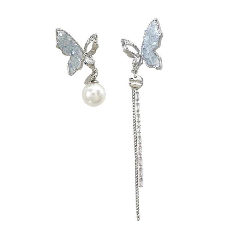 Silver needle asymmetrical blue butterfly tassel earrings women's high-end temperament long pearl stud earrings