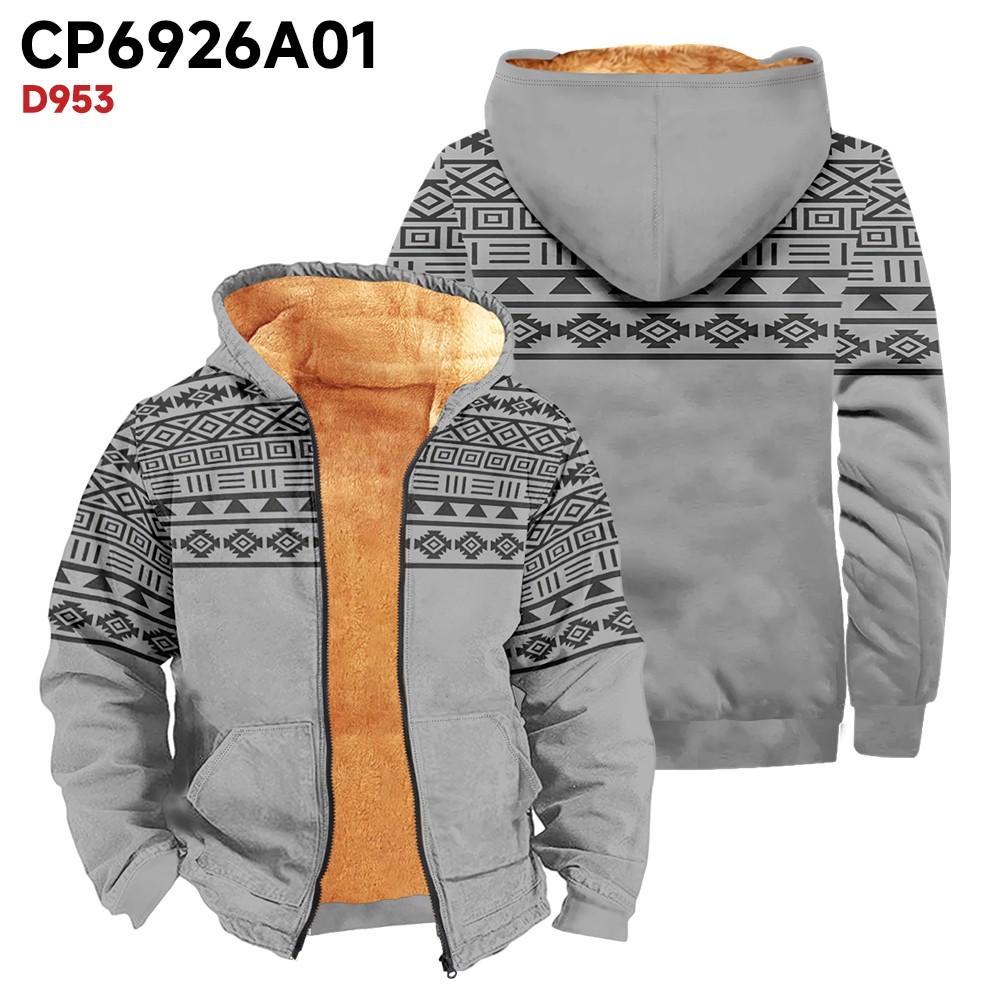 Men's Print Long Sleeve Pocket Coat Fashion Plus Velvet Overcoat