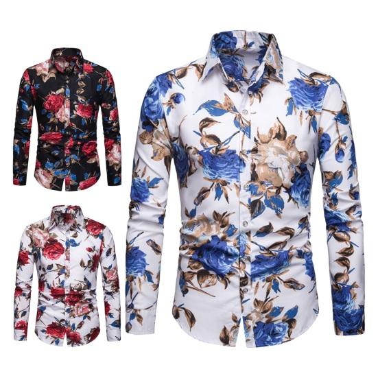 Men Spring Summer Shirt Turn-down Collar Single-breasted Slim Fit Long Sleeve Buttons Soft Breathable Vivid Flower Print Mid Length Men Top