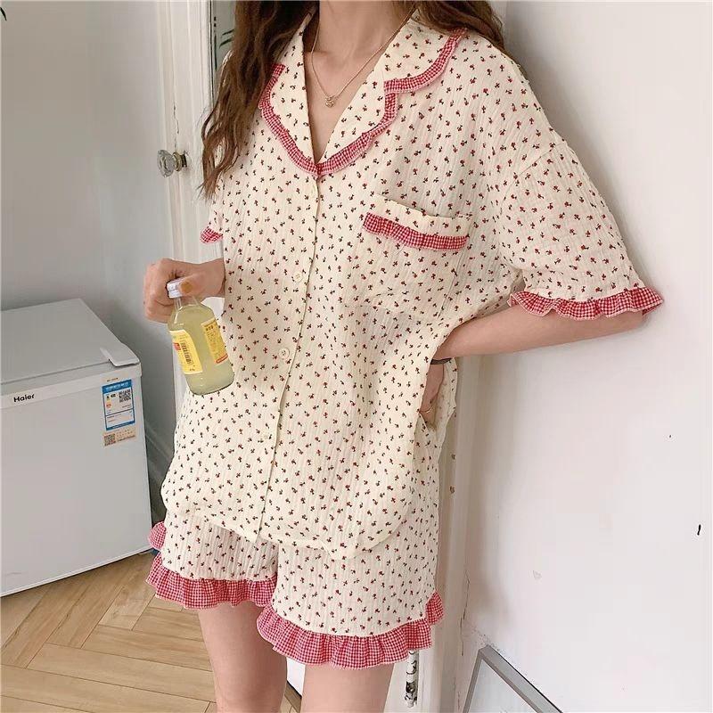 Летний вариант студенческой пижамы, комплект домашней одежды, женские кружевные милые маленькие цветы, шорты с короткими рукавами, пижама для дома