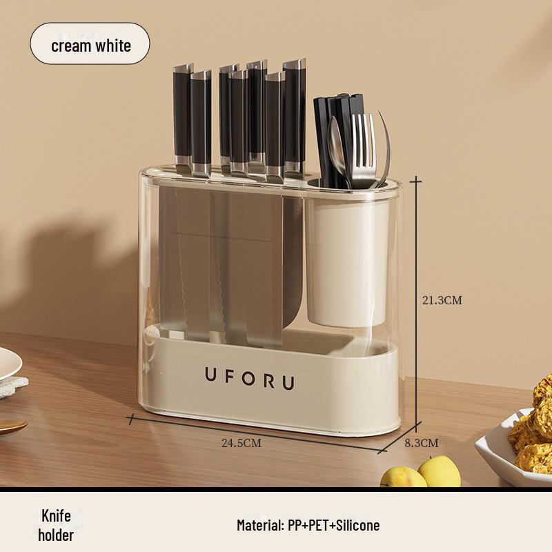 Многофункциональная кухонная стойка для ножей и столовых приборов в кремовом стиле со встроенным контейнером для приправ