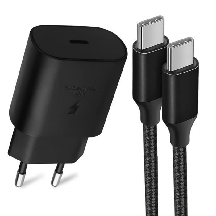 Chargeur PD 25W + Câble USB-C vers USB-C Nylon 1M pour Redmi Note 11 11S 11 Pro Note 12 4G-5G Note 12 13 14 - Noir