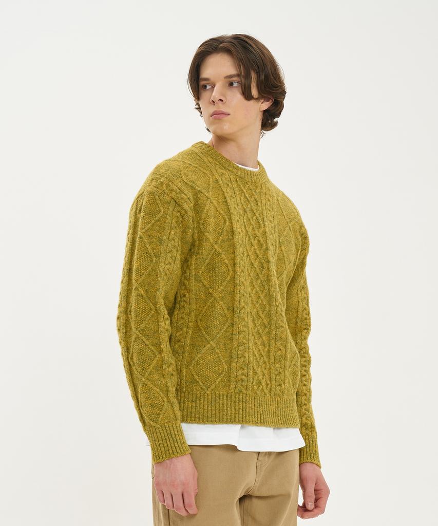 BLOND9 Wool Fisherman Knit Sweater_Lime Green