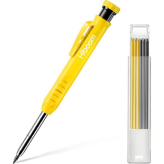 Hiboom Solid Carpenter Pencil Set for Construction with 7 Refills Built-in Sharpener, Long Nosed Deep Hole Mechanical Pencil Marker for Carpenter