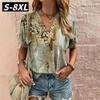 S-8XL Плюс Размер Винтаж Цветочные женские футболки Harajuku Топы V-образный вырез Модная блузка Летняя повседневная одежда Большие футболки Пуловер