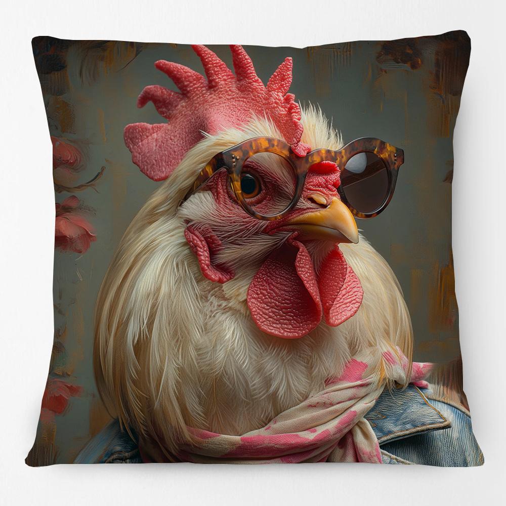 European Chicken Rooster with Glasses Portrait Poster Cushion Covers Hand Painting Pillowcase