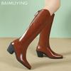 Женские высокие сапоги с острым носком, элегантные туфли на среднем каблуке, тренд 2025 года, классические кожаные зимние сапоги до колена Botas De Mujer