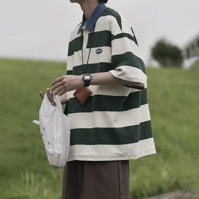 Унисекс американская ретро полоскатая футболка-поло - летняя свободная посадка, студенческий стиль, короткий рукав для модных пар