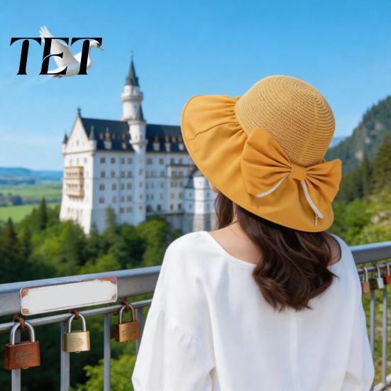 Travel Vacation Accessories for Women Woven Sun Hat, Wide Brim Beach Floppy Hat UV Protection with Bow, Breathable Summer Camping Fashionable Bow