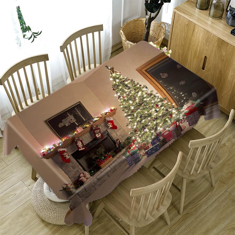 Christmas Tree Tablecloth Fireplace Gift And Socks Decoration Pattern Rectangular Round Table Cloth Cover Towel