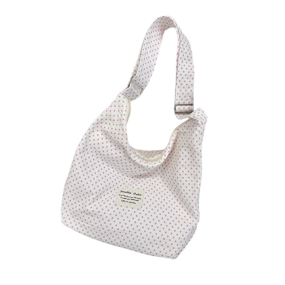 91 Милая розовая холщовая сумка через плечо в горошек со звездным принтом, большая вместительная сумка-тоут,通勤 тканевая сумка-мессенджер