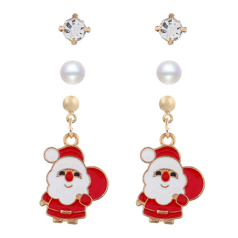 Christmas Drop Oil Small Stud Earrings Set, Santa Claus Snowflake Elk Pearl Zircon Combination 3-Piece Earrings.