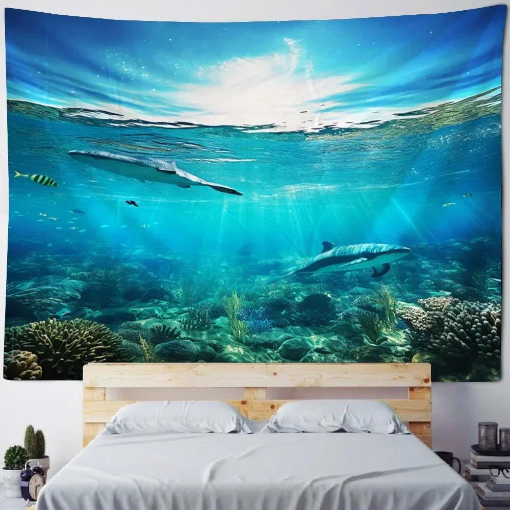 Underwater World tapestry wall hanging dolphin shark seaweed art print tapestry cartoon home sheets bedroom wall decoration