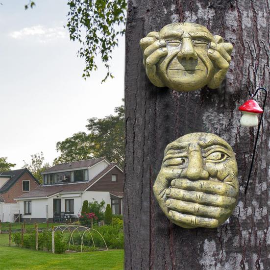 Забавное лицо дерева уличное не слышу не вижу не говорю статуя лица садовый обниматель дерева дворовое искусство украшения для дома стены заборов двери