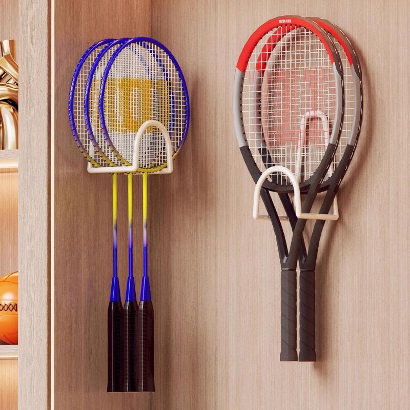 Badminton Racket Holder Wall Mount Rack with Strong Adhesive Metal Space Saving Organizer for Sports Equipment