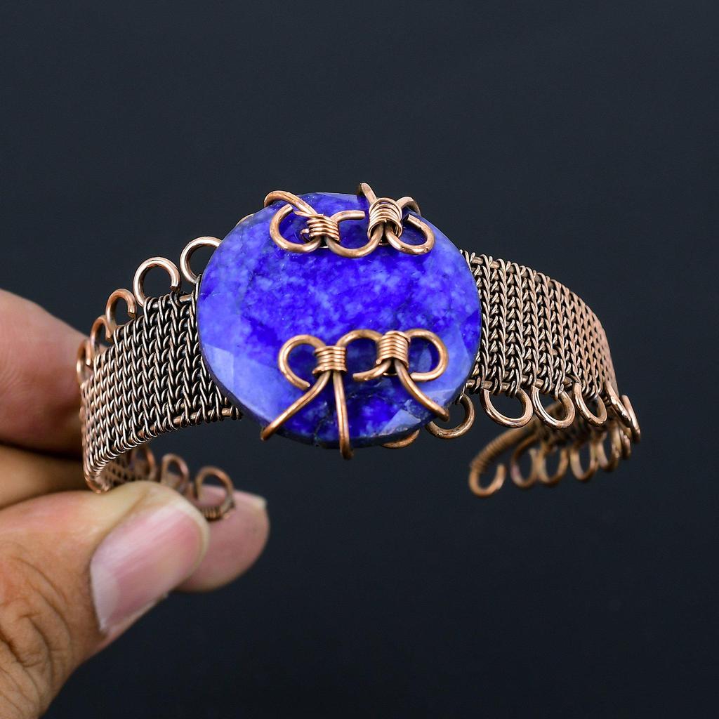 Lab-Created Blue Sapphire Gemstone Pure Copper Wire Wrapped Handmade Cuff/ Bangle Jewelry