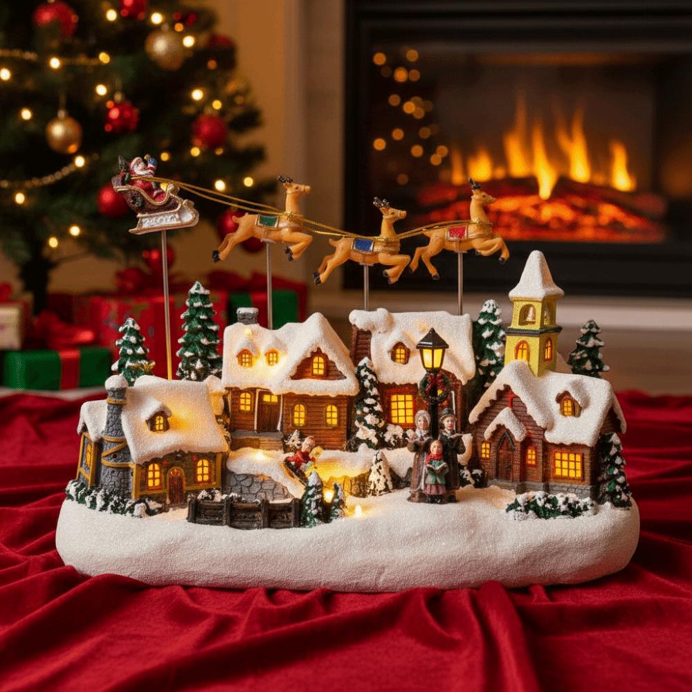 Resin Christmas Glowing Village LED Lighted with Music Christmas Flying Reindeer 3-Elk Reindeer Kids Gift