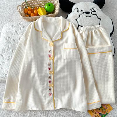Simple Natural Style Waffle Pajamas Women's Autumn and Winter Long-sleeved Air Cotton Comfortable Loungewear Set Real Shot