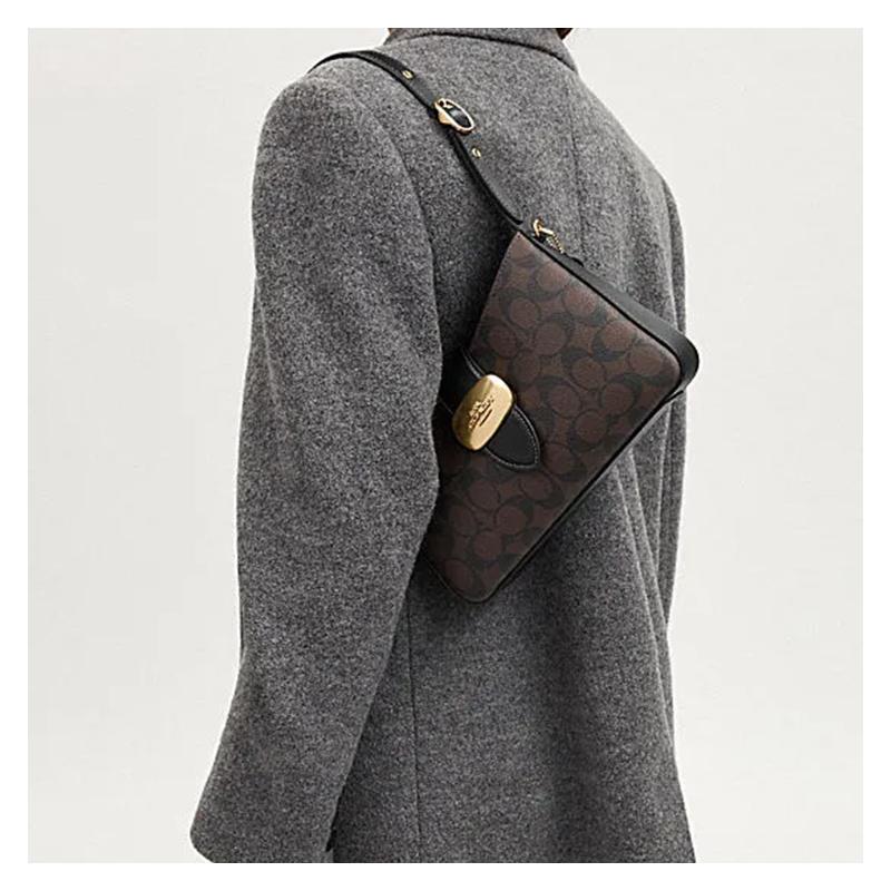 COACH shoulder bag Eliza 25 classic presbyopic non-detachable strap buckle hand-held artificial leather medium size women's brown and black