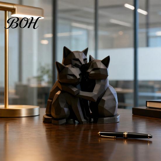 Animal Shape Sculpture 3D Printed Black Cat Figurine, Three Hugging Geometric Statue, Artistic Modern for Home Office Bookshelf Statue