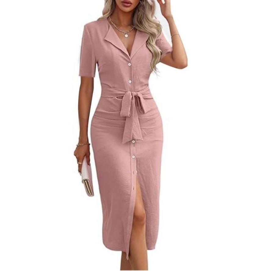 YYFS Женские модные летние весенние однотонные повседневные платья с v-образным вырезом и короткими рукавами и высокой талией