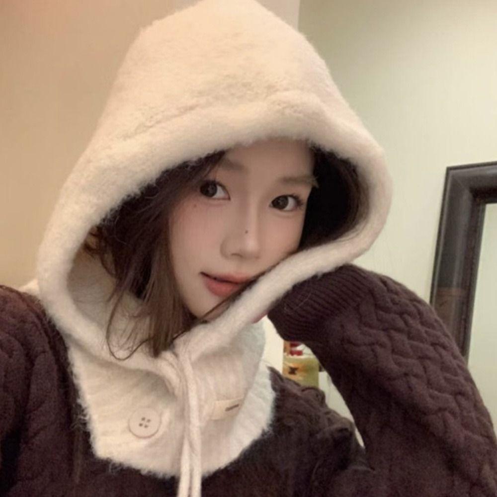 Hat and Scarf Integrated Women Balaclava Plush Windproof Cap Knitted Beanies Outdoor