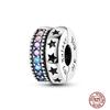 Round 925 Copper Clasp Pave Clip Charms Blue Star Moon Butterfly Slide Safety Chains Spacer Beads Fits Original Bracelet Zircon