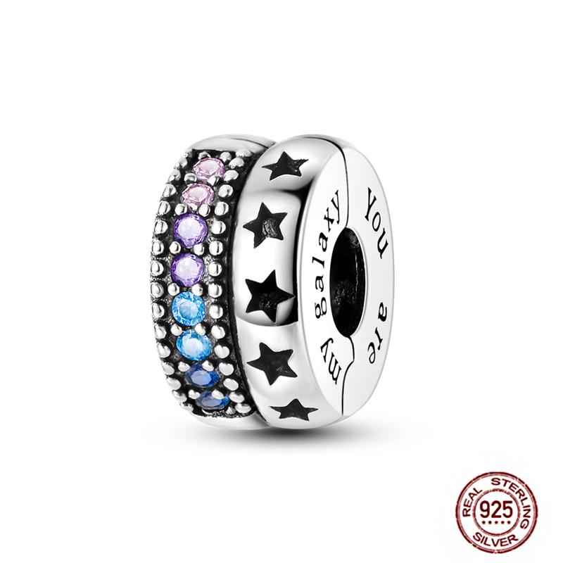 Round 925 Copper Clasp Pave Clip Charms Blue Star Moon Butterfly Slide Safety Chains Spacer Beads Fits Original Bracelet Zircon