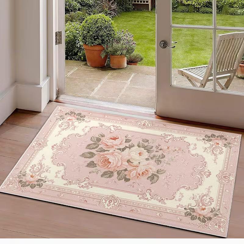 Realistic Floral Pink Rose Carpet Non Slip Mat for Kitchen Living Room Entrance Bedroom Office Floor Rug Soft Home Decor Gift