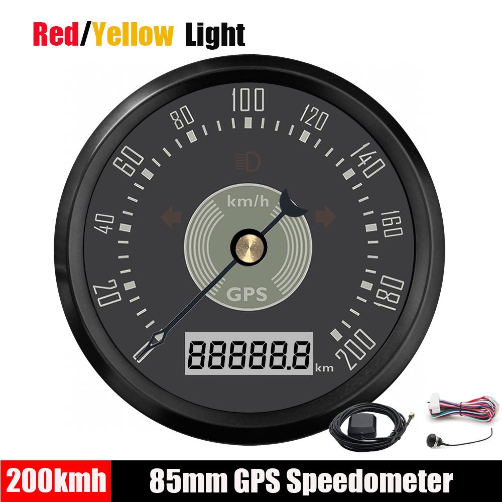 85mm Classical GPS Speedometer 160~220 Km/h 160~220MPH Odometer Adjustable with Red Yellow Light for Car Motorcycle Boat Custom