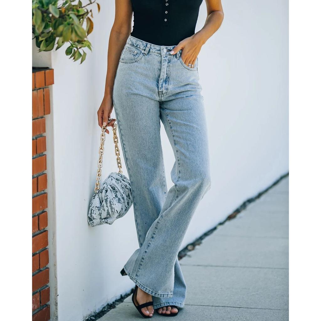 GMXIA Autumn Wash Split Strict Select Waist Style Denim Pants Casual Pants