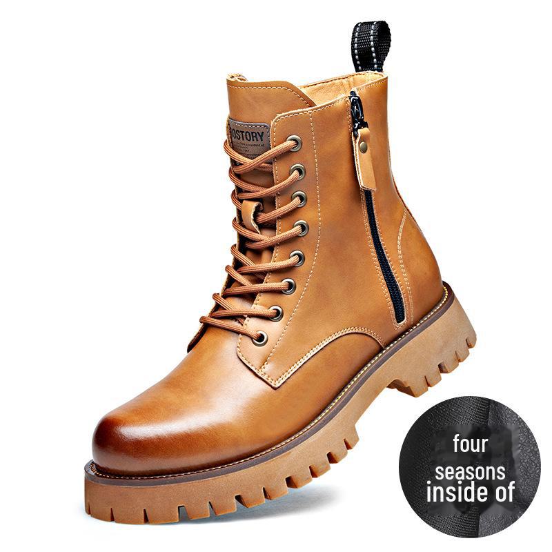 Мужские осенне-зимние желтые ботинки из натуральной кожи с толстой подошвой, боковой молнией и круглым носком — удобные, средней высоты, в стиле Martin.