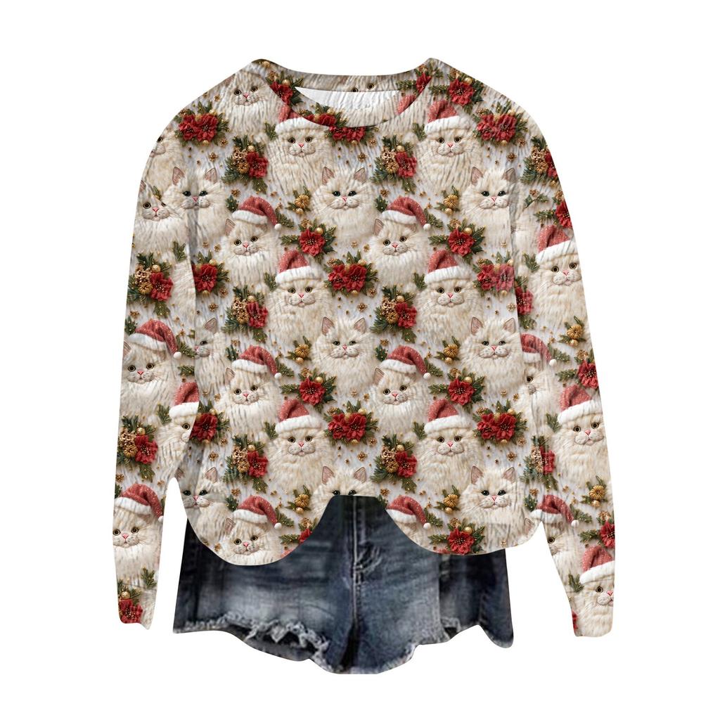 Женский модный пуловер с круглым вырезом, футболка с длинным рукавом, рождественская толстовка с принтом