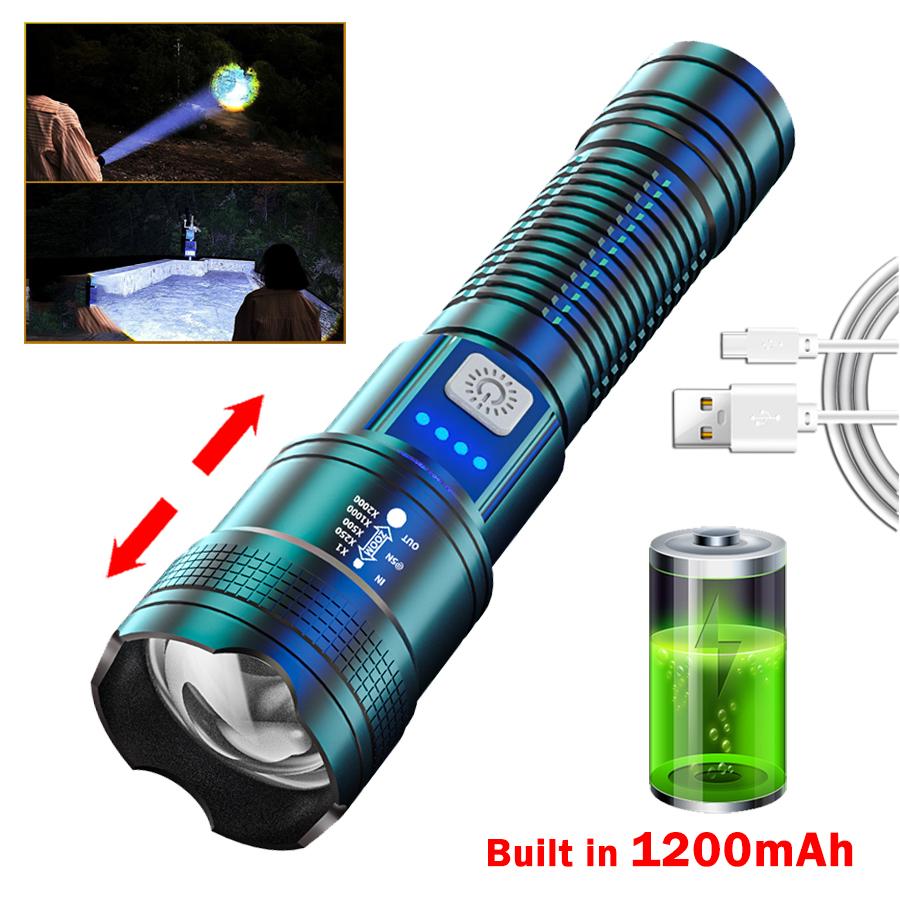 Portable LED Flashlight P120 USB Rechargeable Zoom Flashlight Waterproof Torch Emergency Power Bank Function for Camping Hiking