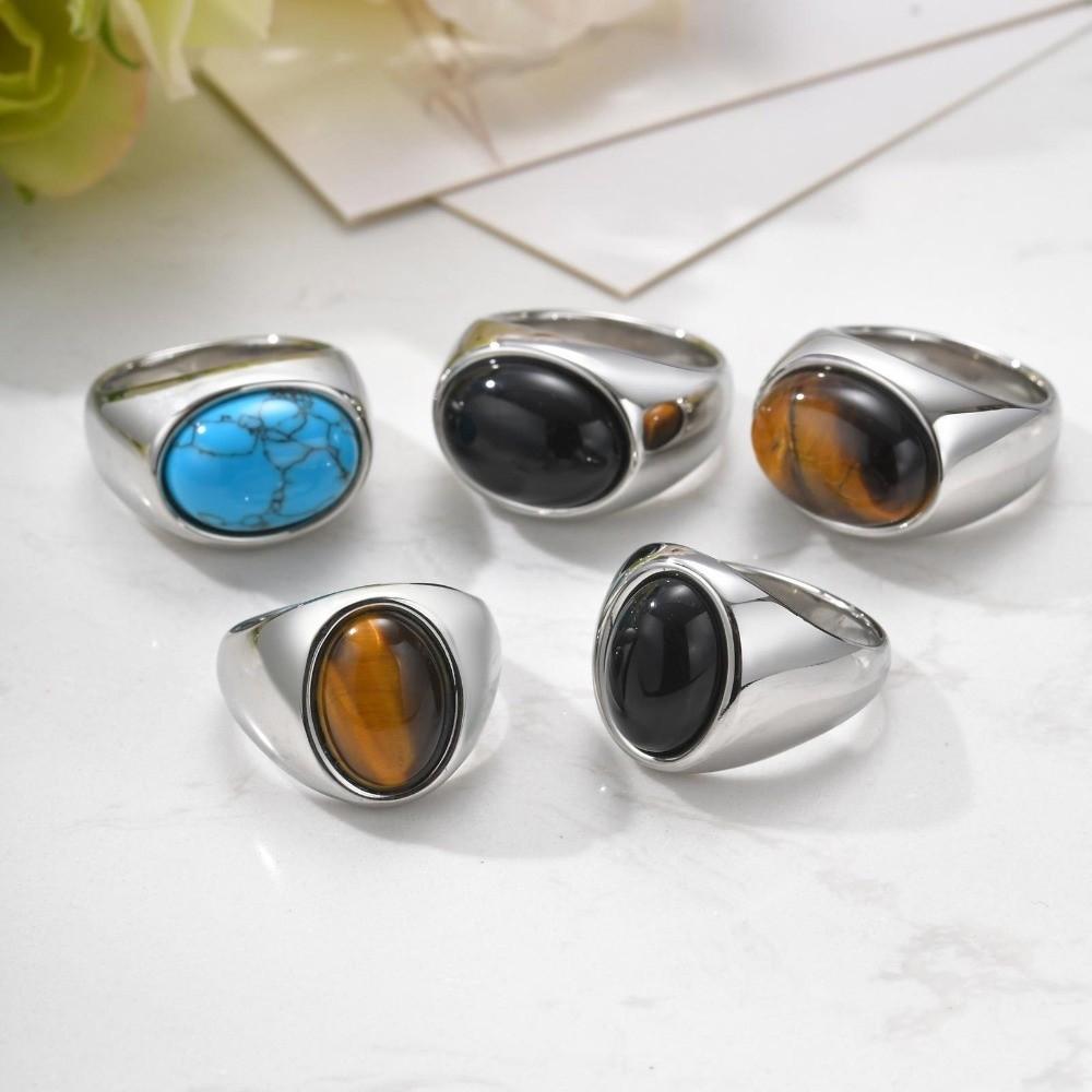 Vintage Glaze Ring Stainless Steel Oval Finger Ring Gothic Punk Rock Stone Eye Ring Men