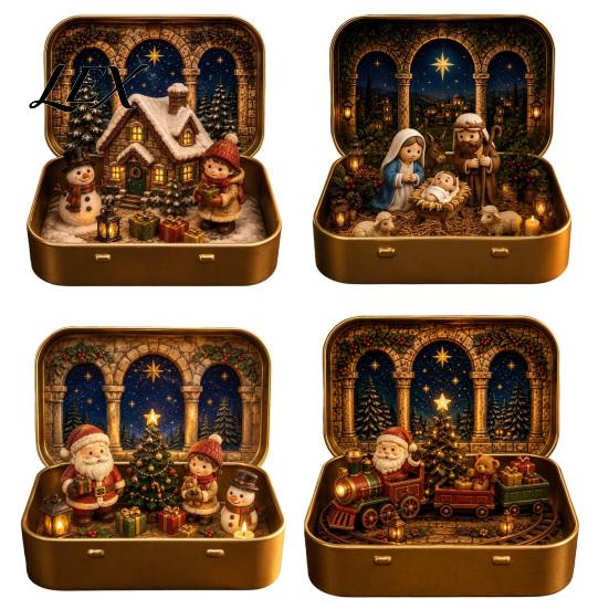 Tiered Scene Decoration Mini Christmas Set in A Tin Box, Pocket Size Holiday Decorative Metal Storage Box with Miniature Figures, Collectible