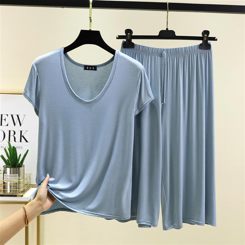Женский повседневный комплект из двух предметов: Модальная футболка с U-образным вырезом и брюки с высокой посадкой, завязкой на талии и широкими штанинами