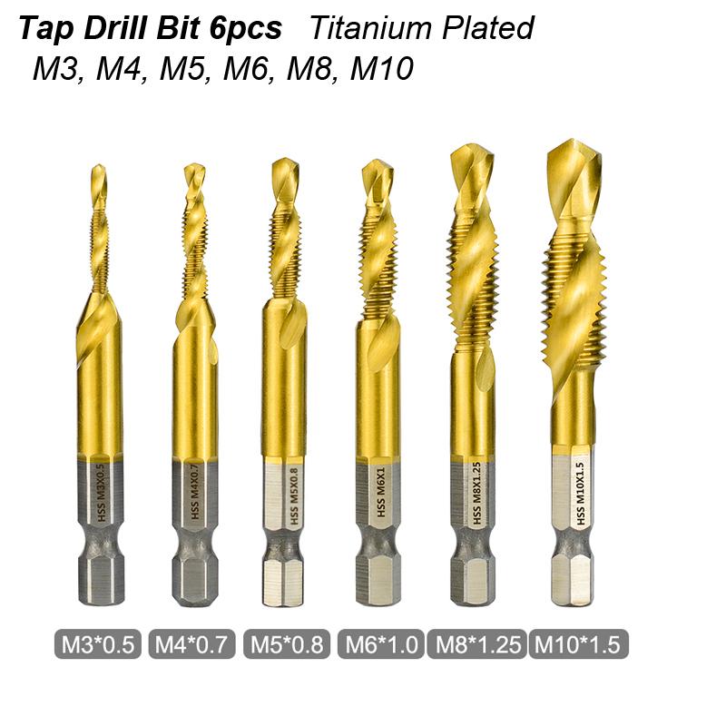 Tap Drill Bit Set Screw Thread Titanium Plated Hex Shank HSS Spiral Flute Compound Combination M3 M4 M5 M6 M8 M10 For Wood Metal