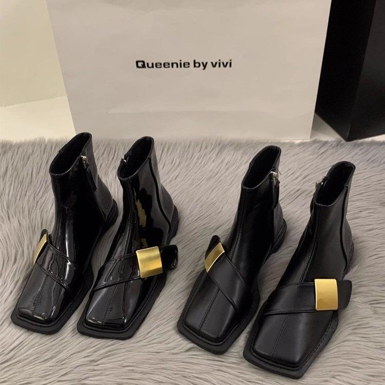 Flat bottom square head black Martin boots women's shoes new spring and autumn winter retro small short boots