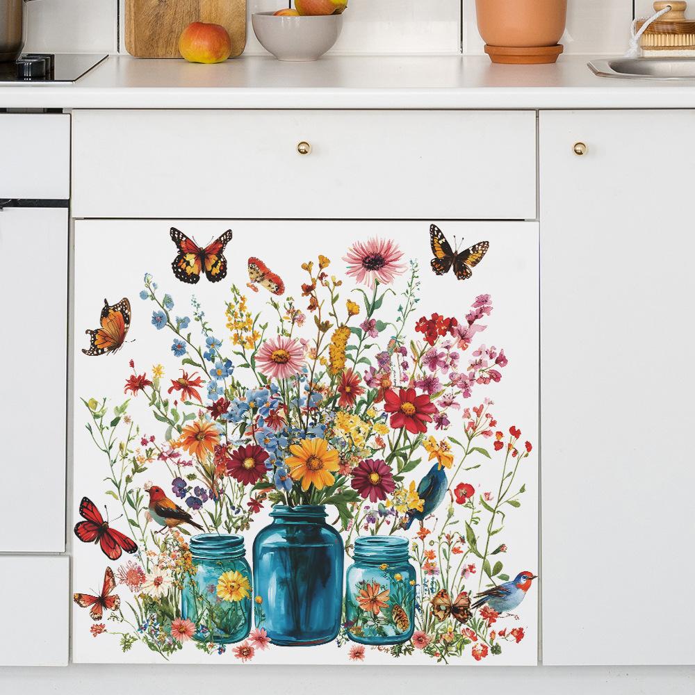 Акварельная стеклянная ваза Цветок Бабочка Кухня Украшение Декоративные наклейки Самоклеящиеся
