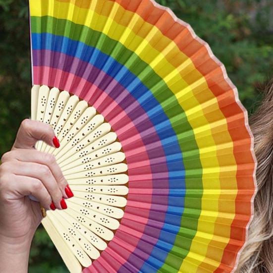 Rainbow Folding Fan Bamboo Ribs Hand Held Fan Portable Summer Fan Decoration Dance Performance Props Party Accessories