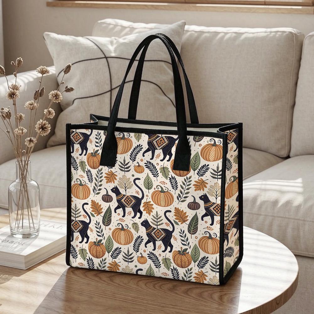 Autumn Cat Pumpkin Printed Canvas Tote Bag Casual Daily Shoulder Handbag for Shopping Travel