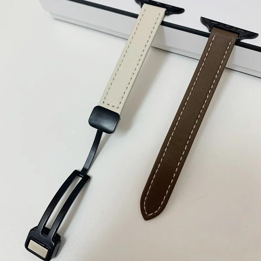Magnetic Buckle Strap For Apple Watch 10 42/46mm SE 44 40mm 9 8 7 41 45mm Folding Slim Leather Bracelet iWatch Series 10 8 7 6 5