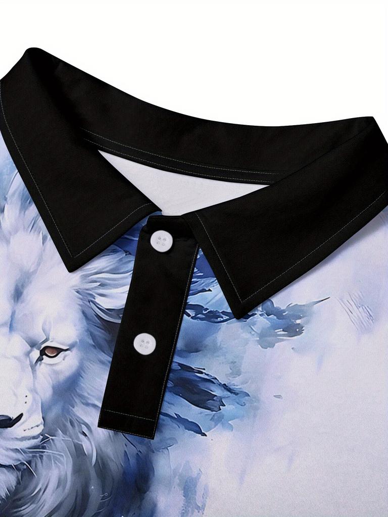 Men'S 3D Lion Print Shirt - Bright Blue And White Watercolor Design, Made from Breathable Fabric, Regular Fit with Button- Collar, Suitable for