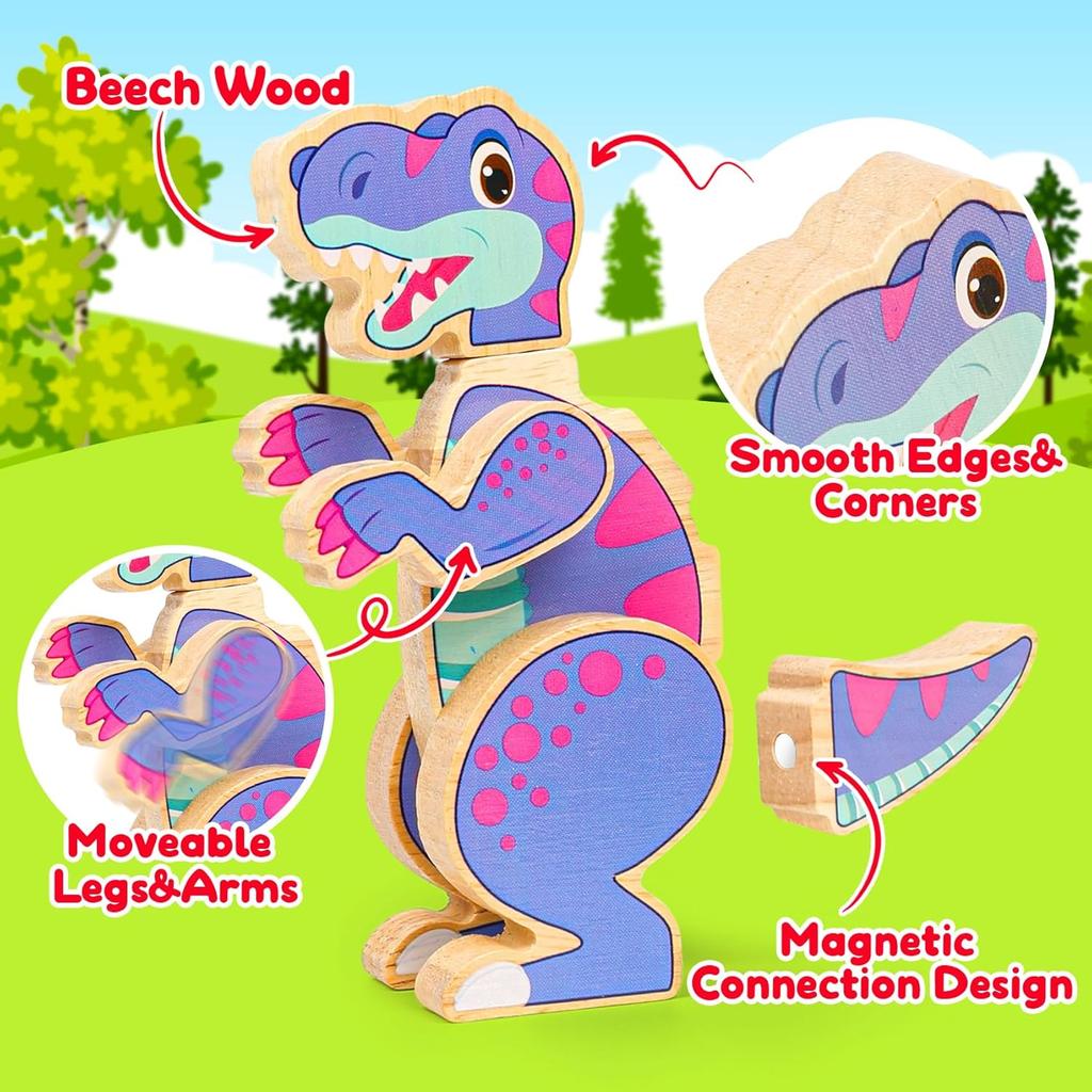 Dinosaur Toys for Kids 3-5,Wooden Magnetic Dino Take Apart Building Blocks Toys for Fine Motor Skills & Creative Play,Easter Basket Stuffers for