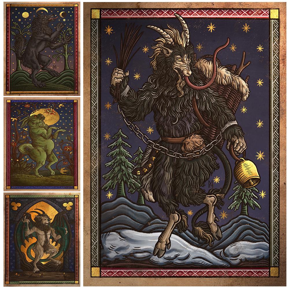 Существа из народных ужасов, настенное искусство в стиле ретро, картины маслом, ретро-искусство, плакаты и печатный домашний декор без рамок