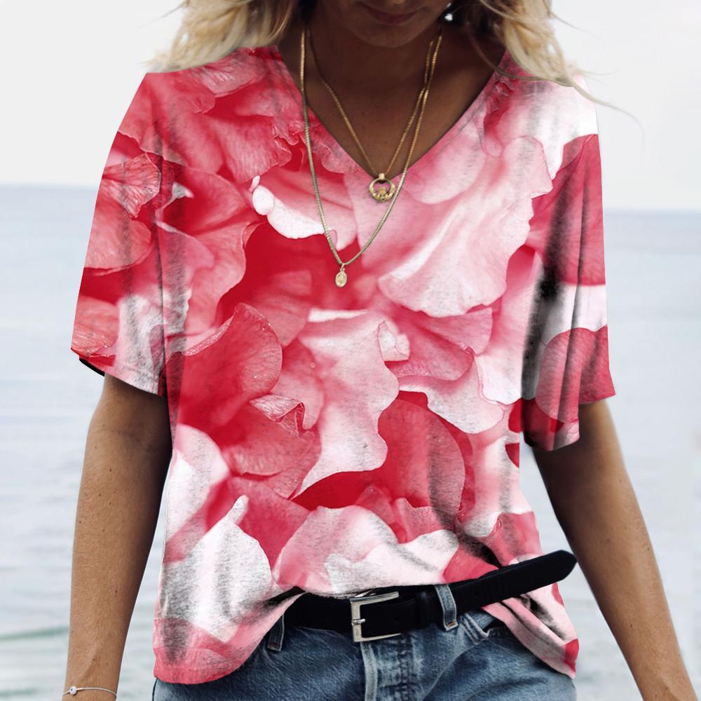 Женские футболки с v-образным вырезом, модные футболки с цветочным рисунком, летние короткие женские топы с принтом, повседневные футболки в стиле Харадзюку 5XL