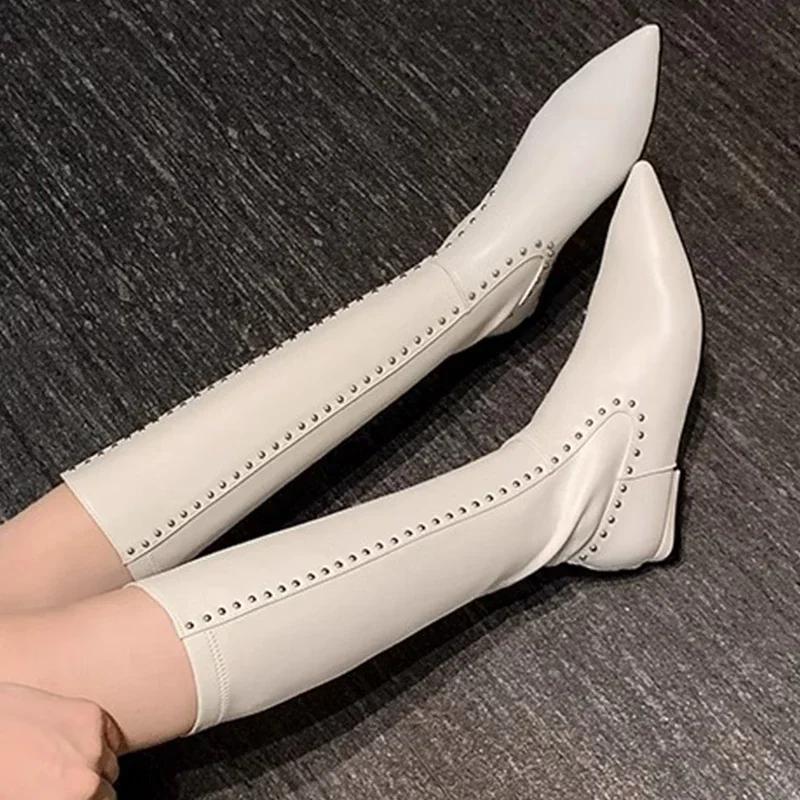 Модные женские сапоги с острым носком, кожаные сексуальные туфли на каблуках, элегантные женские туфли 2024 года, новые модные ботинки «Челси», роскошные женские мотоциклетные сапоги